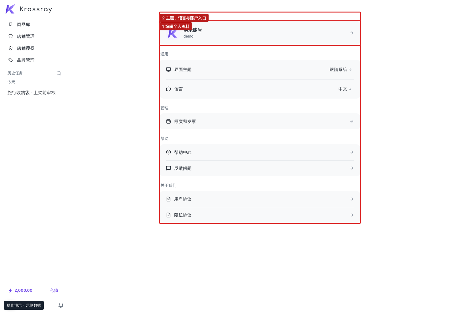 设置页面：个人资料、主题与语言，以及额度和发票、帮助和反馈入口。